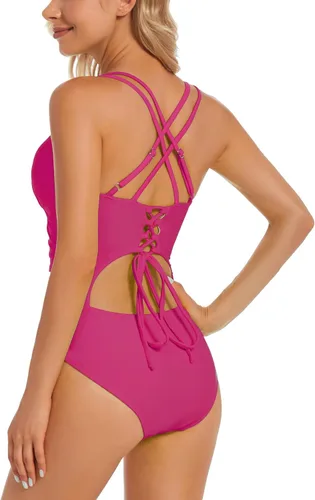 Vista 2 de Traje de baño de una pieza mejorado para mujer, trajes de baño con control de abdomen, diseño único sexy con espalda cruzada, traje de baño fruncido