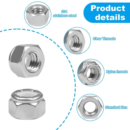 Vista 3 de 110 tuercas hexagonales de nailon de 1/4 "-20, acero inoxidable 304
