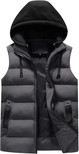 Vista 13 de WENKOMG1 Chaleco con capucha con doble cremallera para hombre, abrigo de color sólido, abrigo cálido y grueso, sin mangas, chaqueta suelta