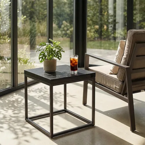 Vista 7 de Mesa auxiliar cuadrada moderna de mármol negro de 18 pulgadas CENSI Parte superior de madera extra gruesa de 1.6", marco de metal, mesita de noche
