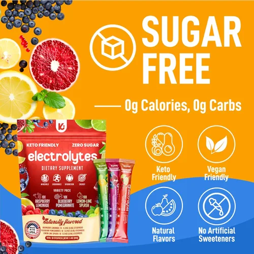 Vista 4 de Keppi Paquetes de electrolitos en polvo de sabores surtidos, 30 porciones, suplemento de hidratación sin azúcar con potasio, magnesio, sodio, keto