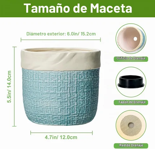 Vista 2 de Macetas de cerámica para plantas, maceta de 6 pulgadas para plantas suculentas de interior, macetas redondas con orificio de drenaje, macetas Azul