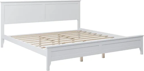 Vista 5 de Cama de plataforma tamaño King, marco de cama moderno de madera maciza, no necesita somier, color blanco