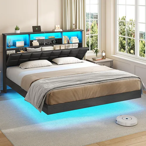 Vista 11 de VIAGDO Base de cama flotante tamaño Twin con cabecera y almacenamiento, base de cama tapizada de plataforma Twin con estación de carga USB y Tipo C