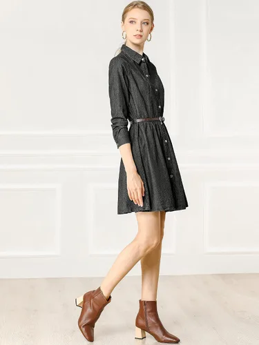 Vista 4 de Allegra K Vestido de mezclilla para mujer con botones plisado acampanado acampanado