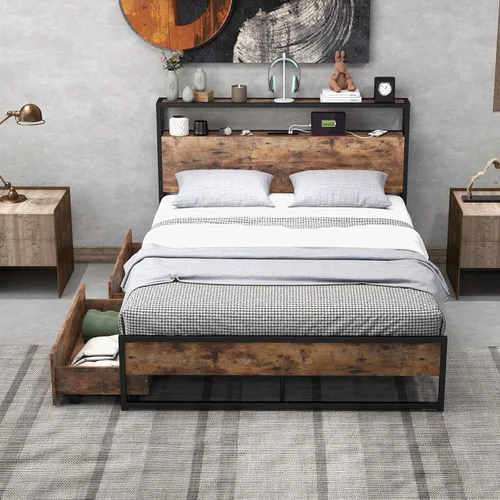 Vista 13 de Giantex Base de cama matrimonial con cabecero de luces LED y 4 cajones de almacenamiento, plataforma de metal con tomas de corriente y puertos USB