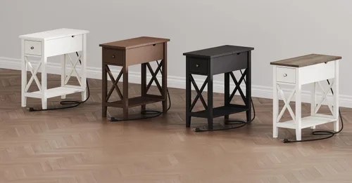 Vista 6 de ChooChoo Mesa auxiliar, mesa auxiliar estrecha abatible con estación de carga Narrow Side Table with USB Ports and Outlets, Nightstand with