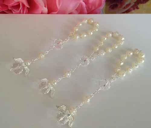 Vista 5 de 25 Pc Ivory Color Baptism Favors with Angels Mini Rosaries Silver Plated Acrylic Beads Recuerditos De Bautismo Christening Favors Decenarios Decades