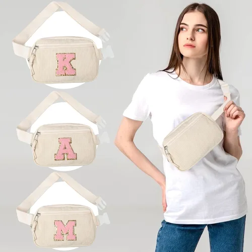 Vista 2 de Riñonera cruzada pequeña para mujeres y hombres, bolsa cruzada para deportes, viajes, correr, entrenamiento casual, pana beige-rosa A, A