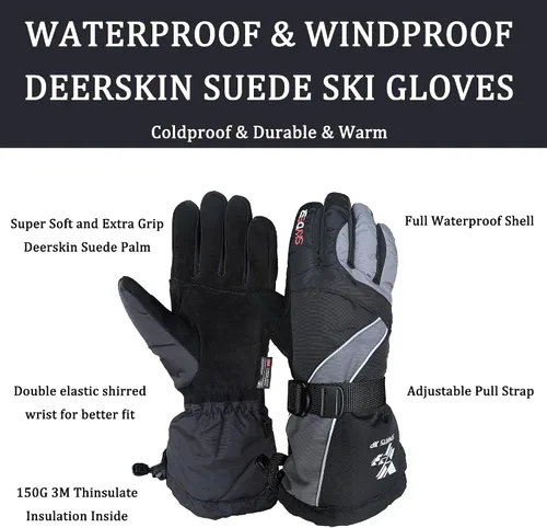 Vista 3 de SKYDEER 100% Waterproof and -40F Cold Proof Genuine Deerskin Suede Leather Ski Gloves for Extreme Cold Condition (SD8650T)