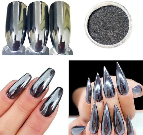 Vista 2 de 1 unidad de polvo de uñas cromado negro con purpurina en polvo de pigmento cromado brillante para uñas de espejo de uñas cromadas en polvo metálico