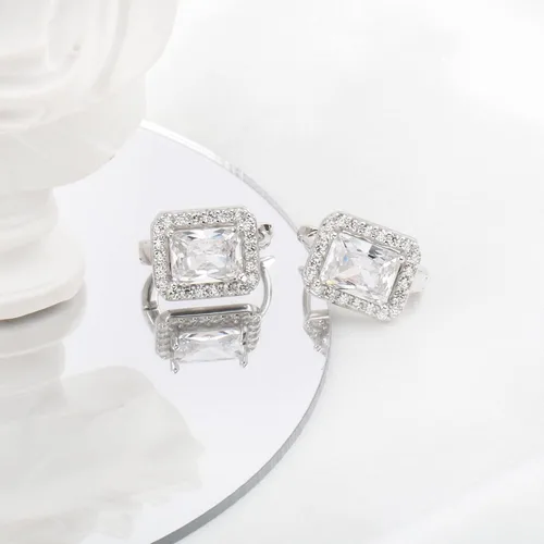 Vista 6 de White Gold Plated 925 Sterling Silver Small CZ Halo Huggie Hoop Earrings Rectangle
