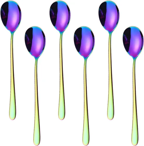 Vista 9 de Muka Juego de 6 cucharas de cena de acero inoxidable multicolor moderno cubertería, 8 1/16 pulgadas, color negro