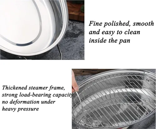 Vista 5 de Sartén ovalada de acero inoxidable para asar pavos de 3 tamaños, con estante de vapor y tapa, bandeja portátil para hornear para horno, cocinar a
