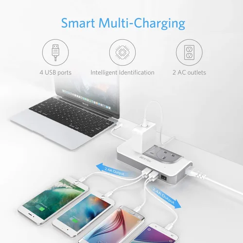 Vista 4 de BESTEK Convertidor de voltaje de 200 W de 100 V a 240 V con 4 puertos USB de carga All World Contries to US Travel Charger (blanco)