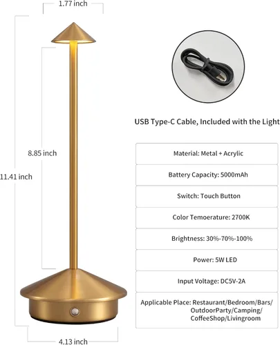Vista 5 de Juego de 2 lámparas de mesa modernas inalámbricas, lámparas de escritorio LED portátiles, iluminación con batería recargable de 5000mAh