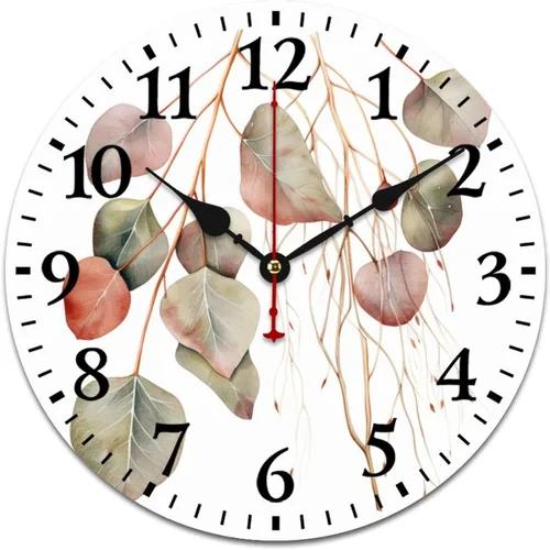 Vista 11 de Reloj de pared de madera de 10 pulgadas, acuarela, rústico, eucalipto, reloj de pared de madera rústica, cuarzo, sin tictac, número arábigo, hoja