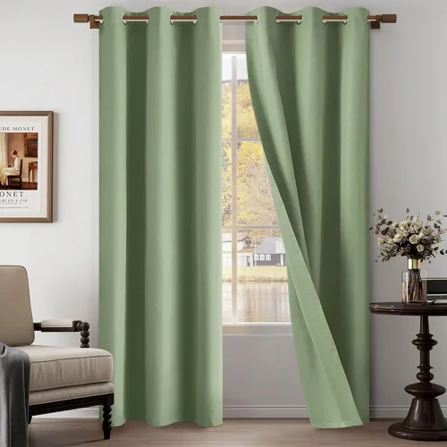 Vista 10 de Cortinas texturizadas de lino 100% opacas de 64 pulgadas de largo, juego de 2 paneles para granja, casa de campo, cortinas ligeras con ojales