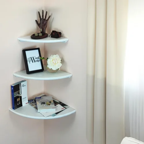 Vista 2 de Wood Wedge Estante esquinero flotante rústico, organizador de almacenamiento para accesorios de TV, altavoz, caja de cable, para baño, cocina, sala