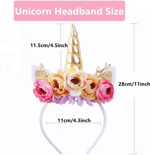 Vista 2 de Nishine Diadema de cuerno de unicornio con purpurina para niñas, diadema de camelia pony, banda para el pelo de flores, tiara para fiesta, regalo