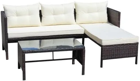 Vista 5 de Sofá al aire libre, juego de muebles de mimbre de ratán de 3 piezas con cojines beige, muebles de porche duraderos para balcón