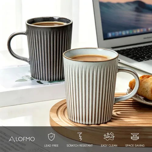 Vista 4 de Juego de 4 tazas de café, tazas de café grandes de cerámica a rayas de 16