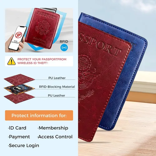 Vista 5 de Soporte para pasaporte para artículos esenciales de viaje, con bloqueo RFID, funda para tarjetas, funda de piel sintética para pasaporte