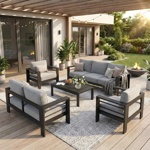 Vista 12 de Solaste Sofá de aluminio para patio con mesa auxiliar, juego de 3 muebles de patio con cojines, sofá de exterior para todo tipo de clima