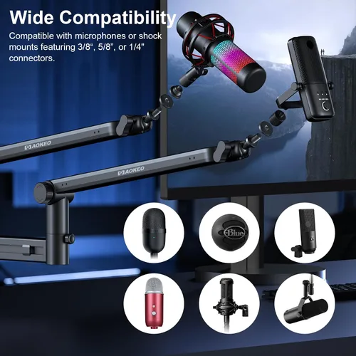 Vista 5 de Brazo de Micrófono, Aokeo AK-58 - Soporte de Brazo de Micrófono de Escritorio de Bajo Perfil Ajustable, Adecuado para Blue Yeti, Snowball iCE