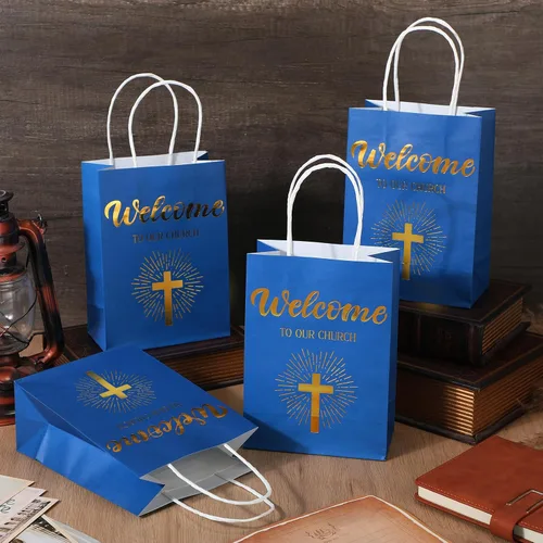 Vista 3 de Chuangdi 50 bolsas de regalo de bienvenida a la iglesia, bolsas de papel cristiano con asas para invitados, día de la madre, baby shower, Azul