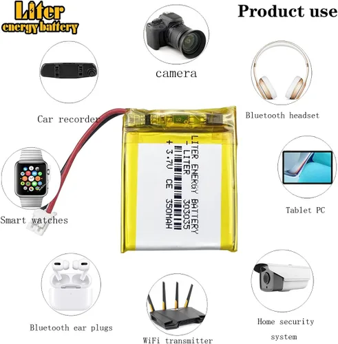 Vista 5 de Litro 3.7V 350mAh 303035 Lipo batería recargable de iones de litio con conector JST 0.079 in