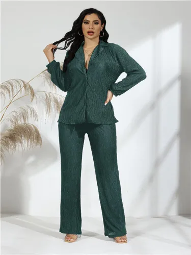 Vista 3 de Trajes plisados de 2 piezas para mujer, estilo casual, bohemio, moderno, camisa de musa, pantalones de pierna ancha, traje diario liso de los años 90