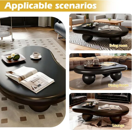 Vista 6 de Mesa de centro en forma de nube de 44 pulgadas, modernas mesas de centro ovaladas irregulares con 3 bases, mesa central color crema para dormitorio
