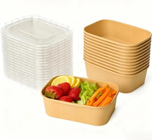 Vista 7 de Paquete de 50 recipientes de papel de 25 onzas con tapas, recipientes desechables para alimentos, cuencos de papel rectangulares marrones con tapas