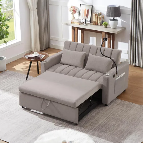 Vista 16 de Elegante sofá cama convertible de 54.7 pulgadas, sofá modular con cama extraíble con dos puertos USB y 4 almohadas, sofá biplaza para espacio