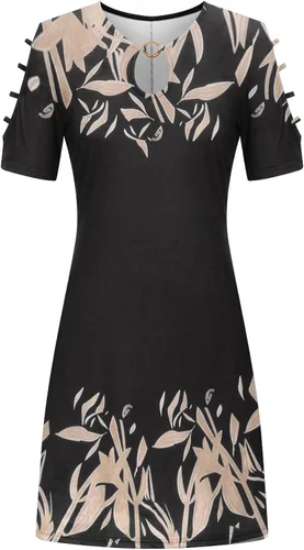 Vista 4 de Vestido de verano con hombros descubiertos para mujer, manga corta, recortado, minivestido camisero, floral, holgado, vestido corto casual