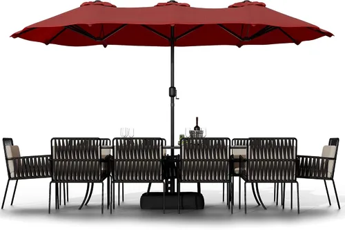 Vista 11 de Shintenchi Sombrilla grande de patio de 13 pies con base, sombrilla rectangular doble cara para exteriores con asa de manivela para césped junto a