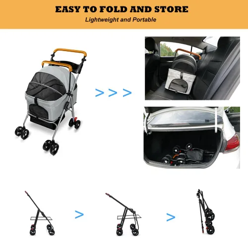 Vista 5 de Carriola de mascotas con canasta de almacenamiento y portavasos, cochecito plegable para perros, carriola plegable para gatos, carrito 3 en 1
