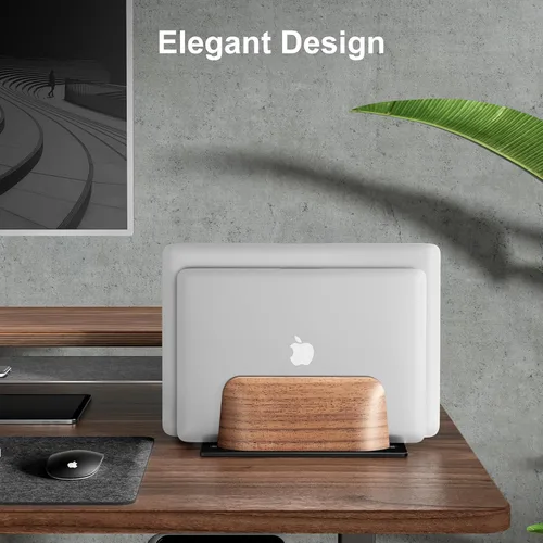 Vista 9 de UPERGO Soporte vertical para laptop, soporte vertical de madera de doble ranura para escritorio, base ajustable de ancho para MacBook Pro y otras
