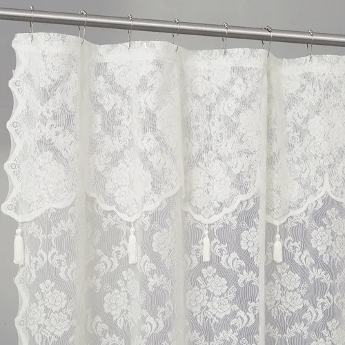 Vista 3 de ASATEX Cortina de ducha de encaje marfil. Cortina de baño de diseño floral clásico de 72 x 72 pulgadas con cenefa adjunta y borlas. Cortinas