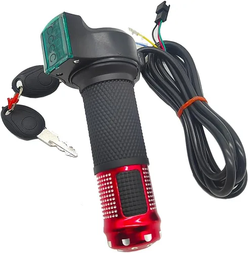 Vista 6 de Empuñadura del acelerador de bicicleta eléctrica, universal para bicicleta, acelerador giratorio con agarres rojos con pantalla LED e interruptor