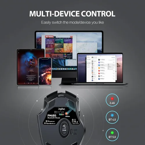 Vista 2 de INPHIC Ratón Bluetooth, batería visible mejorada, mouse inalámbrico Bluetooth recargable (modo dual: BT 5.0+ USB 2.4G), mouse portátil de clic Negro