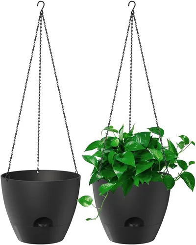 Vista 12 de Paquete de 2 macetas colgantes, macetas colgantes de riego automático de 10 pulgadas para plantas de interior y exterior, cesta colgante para negro