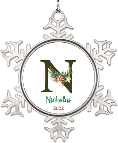 Vista 20 de Monograma inicial letra A copo de nieve, adorno de bayas de pino de Navidad para decoración de árbol de Navidad, adornos de Navidad personalizados