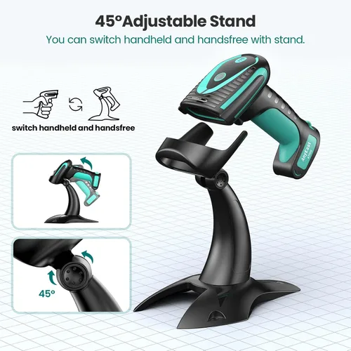Vista 7 de Escáner de código de barras inalámbrico con soporte, escáner de código de barras industrial 1D 2D QR Bluetooth para Android, iOS, Windows, Mac