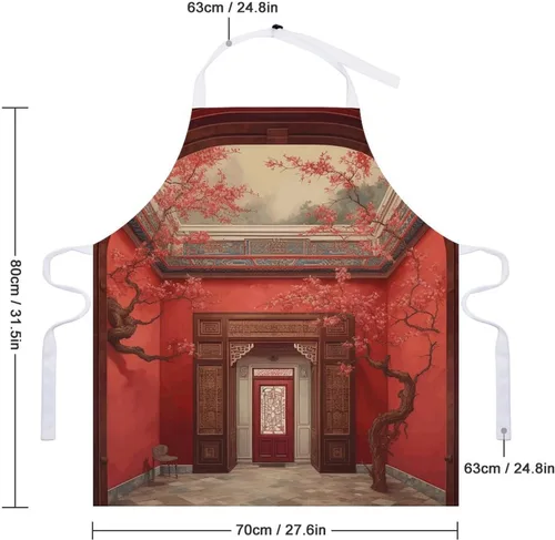 Vista 2 de MUSM Apron for Adults - 27.6 X 31.5 Inch, Heavy-Duty Polyester Aprons with Two Large Pockets, Waterproof Red Oriental Painting Kitchen Apron for
