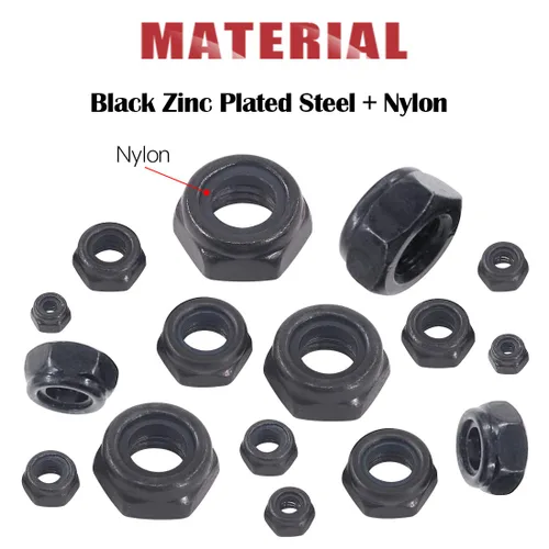 Vista 3 de Hilitchi Kit surtido de tuercas hexagonales de nailon chapado en zinc negro, 165 piezas
