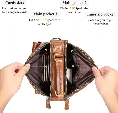 Vista 3 de BAIGIO Bolso bandolera de cuero genuino para hombre, bolso de mensajero pequeño para hombre, bolso de cuero para regalo de padre