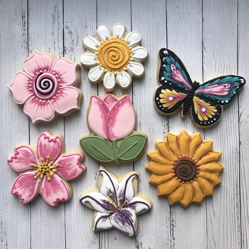 Vista 2 de LILIAO Juego de cortadores de galletas de flores, 7 piezas, diseño de lirio, margarita, girasol, flores de cerezo, tulipán, flores kapok y galletas