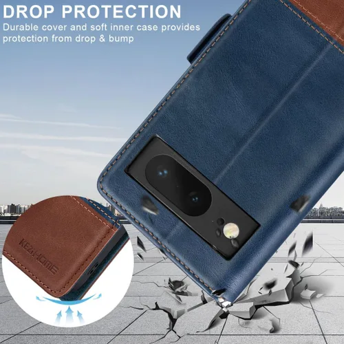 Vista 6 de KEZiHOME Funda para Google Pixel 8, piel auténtica [bloqueo RFID] Funda tipo cartera con tarjetero y función atril con función atril para Google